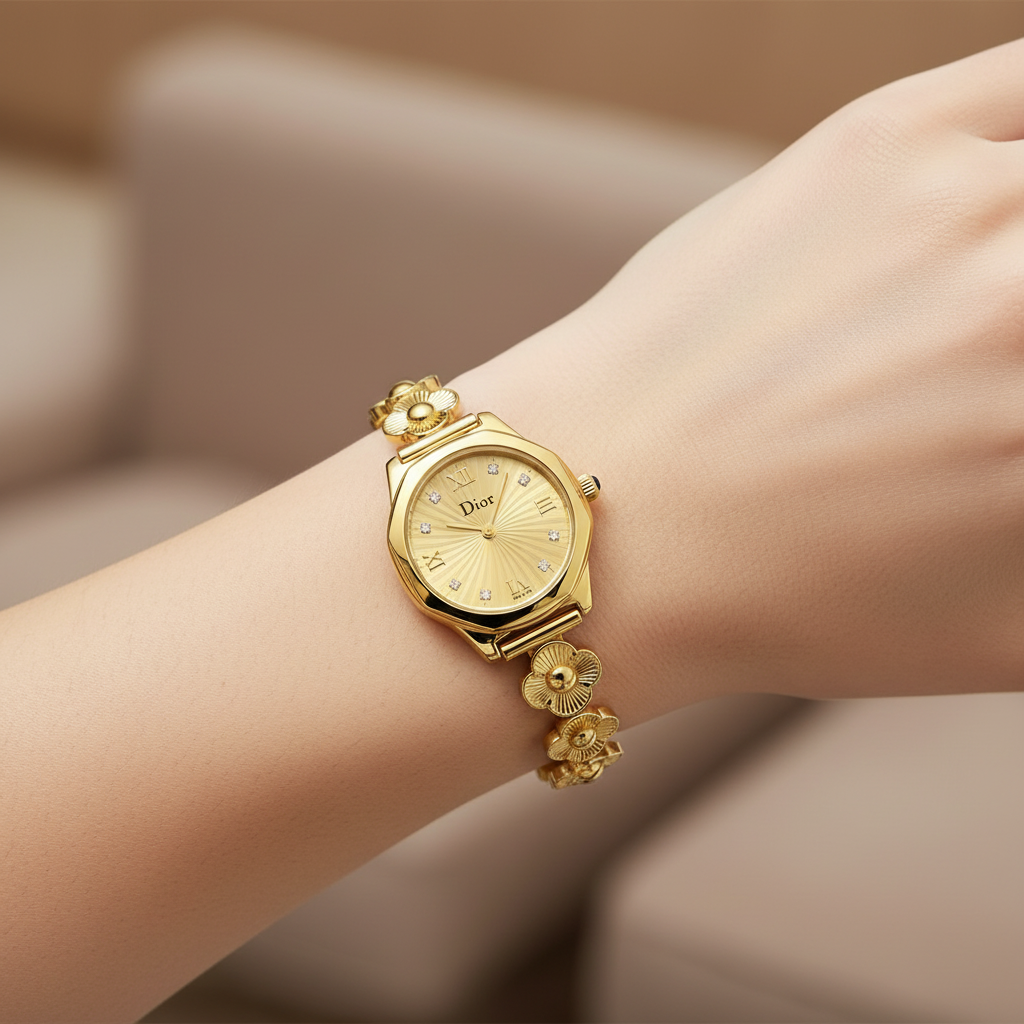 Realistic Gold Champagne Dial Ladies Watch on Fair Skin Model 1:1
