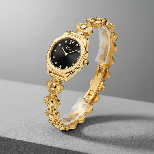 Dior Black Dial Gold Flower Bracelet - Studio Background