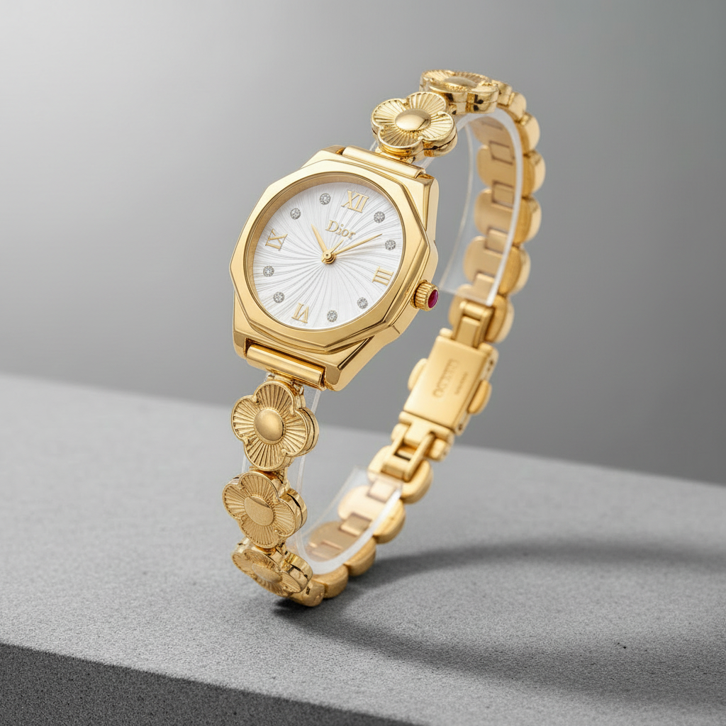 Dior White MOP Dial Gold Flower Bracelet - Studio Background