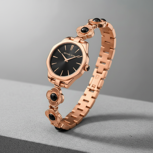 Michael Kors Black Dial Rose Gold Flower Bracelet - Studio Background