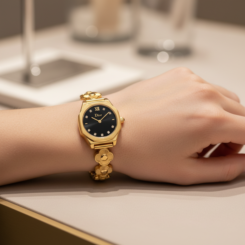 Realistic Gold Black Dial Dior Ladies Watch on Fair Skin Model 1:1